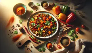 A vibrant, African-inspired lunch spread featuring richly colored sweet potatoes, bell peppers, lentils, and chickpeas, garnished with fresh cilantro. Nearby, a bowl of cumin and paprika, along with fresh vegetables like cherry tomatoes and bell peppers, add extra flavor and freshness. Natural lighting highlights the textures and colors, creating inviting shadows and highlights. The minimalist table setting keeps the focus on the mouth-watering dish.