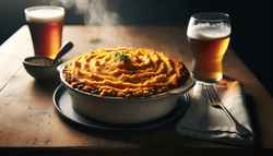 Vegan Shepherd's Pie with golden sweet potato crust, lentil filling visible, on dark wood table with beer and ambient lighting.