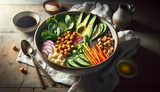Asian-inspired vegan breakfast bowl with quinoa, chickpeas, avocado, spinach, carrots, radishes, cucumber, soy dressing, sesame seeds, and cilantro on a sunlit table.