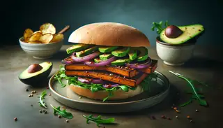 Vegan BBQ tempeh sandwich on a toasted bun with caramelized onions, avocado, arugula, side of potato chips, on a simple table setting.