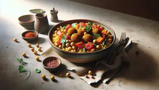 Hyperrealistic vegan dinner featuring Sorghum Stew with spiced vegan balls in a classy ceramic bowl, garnished with cilantro on a minimalist table.