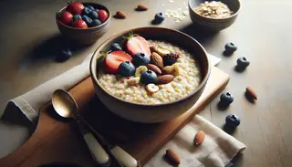 A serene breakfast setup with a bowl of golden millet and plantain porridge, topped with berries and nuts, on a wooden table with soft lighting.