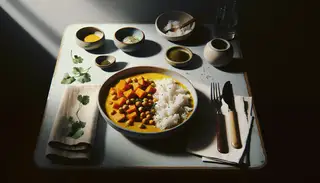 Image of a minimalist lunch setting with Vegan Sweet Potato and Chickpea Curry alongside Coconut Rice, accented by fresh cilantro and elegant utensils, under soft, natural light.