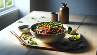 A minimalist dining setup with soba noodles in a white bowl, garnished with vegetables, sesame, and lime on a wooden table in soft light.