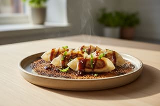 Scorched eggplant gyoza with a mahogany balsamic-miso glaze and fresh basil on a minimalist plate, blending Mediterranean and Japanese textures.