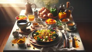 Visualize an enticing vegan breakfast that kickstarts a serene morning. A well-set breakfast table hosts a plate filled with a tofu scramble, mirroring fluffy scrambled eggs, seasoned with soy sauce, turmeric, garlic powder, onion powder, black salt, and black pepper. The tofu scramble is cooked in a skillet with diced bell peppers, onions, and mushrooms, all bursting with vibrant colors and flavors. The tantalizing aroma of the sautéing veggies fills the room. Complementing this scene are a warm cup of herbal tea and a bowl of fresh fruits alongside, with the entire setup bathed in soft morning light filtering through a nearby window, painting a wholesome and filling vegan morning breakfast.