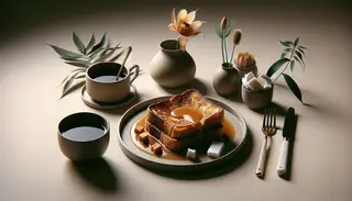 A minimalist breakfast scene featuring golden-brown vegan French toast with coconut caramel sauce on a small plate, accompanied by black coffee, and subtle tropical decor.