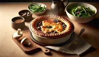 Freshly baked vegan mushroom and ale pie in a rustic dish, with steamed green beans and salad, in a warm, cozy setting.