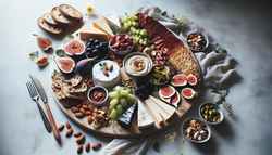 A vegan charcuterie board with cashew cheese, seitan, and fruits, elegantly arranged on a minimalist table.
