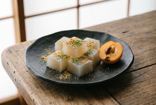 Translucent kuzu-mochi cubes dusted with golden kinako and green tea powder on a dark ceramic plate with a slice of loquat.