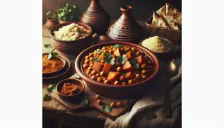 Vegan Sweet Potato and Chickpea Tagine in a traditional pot, served with couscous and flatbread, minimalistic and cozy setting.
