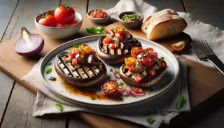Realistic image of grilled King Oyster Mushroom Steaks topped with vibrant heirloom tomato salsa on a rustic wooden table, highlighted by natural lighting.