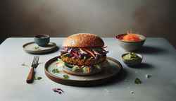 Gourmet Asian fusion burger with tempeh-miso patty, colorful slaw, wasabi mayo, on sesame-seed bun, on a minimalist table setting.