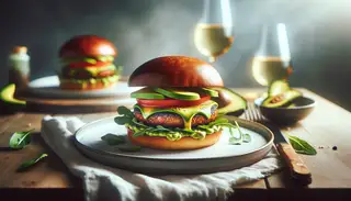Gourmet vegan burger with a juicy, charred patty and melted vegan butter, topped with avocado, tomato, and leafy greens on a toasted brioche bun, served on a white plate.
