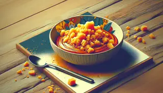 An enticing vegan African sauce, with a crumbly texture and vibrant colors, sits on a rustic wooden table, beckoning to be savored.