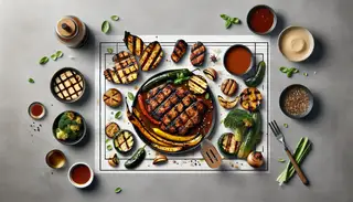 A colorful plate of grilled plant-based proteins and roasted vegetables, drizzled with a smoky marinade, on a clean table.