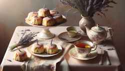 Elegant vegan Earl Grey scones with lavender-lemon glaze on a porcelain plate, beside a floral teacup of tea, set against a floral cloth and lavender centerpiece.