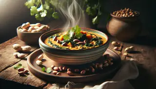 Vegan Peanut Stew with spinach and sweet potatoes in a ceramic bowl on a wooden table, accented with cilantro and peanuts, in warm, inviting light.