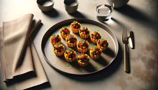 Photorealistic image of mini plantain cups with spicy black bean salsa on a minimalist table, featuring vibrant colors and a clean, inviting setup.