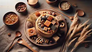 Exquisite vegan Asian dessert on wooden table, adorned with seeds and nuts, showcasing natural tones and textures.