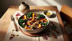 Elegant vegan dish on a wooden table, featuring quinoa, roasted butternut squash, and kale, garnished with pomegranate, almonds, and cranberries, dressed in balsamic and maple syrup.