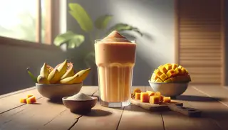 Vibrant vegan Baobab Fruit Smoothie in a clear glass with frothy top, on a wooden table, next to a bowl of mango and pineapple chunks, in a softly lit natural setting.