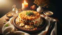 Image of Vegan Crusted Sauce Delight with golden crispy topping, creamy sauce visible, on a simple table with a small herb vase.