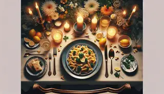 Visualize a cozy, intimate dinner scene. On a beautifully set dining table embellished with fresh flowers and flickering candles, you can sense an atmosphere of anticipation and laughter. Center stage is an artistic culinary creation - a plate of sour pasta. The dish features perfectly cooked pasta, generously coated in a creamy, tangy sauce made from rich cashew cream. Lemon zest adds a refreshing burst, and nutritional yeast imparts a subtle cheesy flavor. The dinner takes a delightful twist on traditional Italian cuisine. Fresh parsley garnishes the dish, adding a hint of green and a touch of freshness. The image epitomizes the joy of dining, and the pleasure of savoring scrumptious food, making it a splendid illustration of the beauty of vegan cuisine. This setting invites you to imagine diving into the tangy, satisfying flavors of the vegan sour pasta dish.