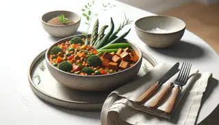 Vibrant African Vegan Fusion Stew in a clean, minimalist setting, blending East and West African flavors harmoniously.