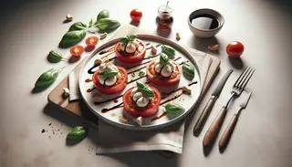 Elegant vegan Insalata Caprese on a minimalistic dining table, featuring ripe tomatoes, cashew cheese, fresh basil, and balsamic drizzle.