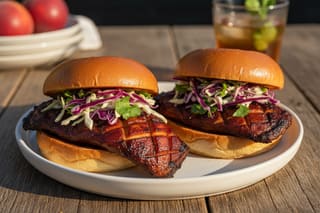Glistening Gochujang-Peach King Oyster 'rib' sliders with charred edges and vibrant slaw on a minimalist plate in warm golden hour light.