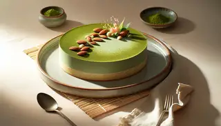 Vegan Matcha Mousse Cake on a ceramic plate, with a bamboo mat and silver fork, highlighted by soft, natural lighting.
