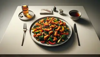 A realistic image of 'Fried Marinade Delight' on a clean table, featuring crispy vegetables in a soy-maple marinade, showcased against a neutral backdrop.
