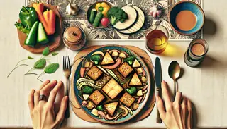 Visualize a lovely table setting with a plate filled with perfectly marinated tofu, tempeh, or vegetables that have been seasoned using Isabella's Mellow Marinade Recipe. The marinade lends a delectable depth to the dish, drawing you in with its fragrances and flavors. Envision the vivid colors of the component ingredients, the deep brown shades of the marinade, and the freshly sprinkled herbs on top. This image represents a feast for the senses, a supreme showpiece of the art of vegan cooking.