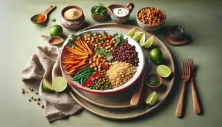 Kenyan-inspired vegan platter with millet, sorghum, roasted sweet potatoes, chickpeas, bell peppers, cilantro, and lime wedges on a minimalistic table.