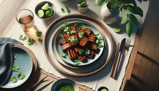 A naturally lit dining table with a charred Vegan Asian BBQ Tempeh dish garnished with cilantro, accompanied by lime wedges in a small bowl, emphasizing simplicity and visual appeal.