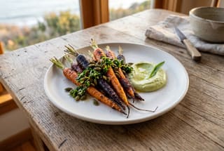 Charred heirloom carrots with green herbs and nori seeds on a white plate, illuminated by soft natural sunlight on a wooden table.