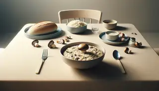 A creamy Vegan Mushroom Risotto dish as the star of a minimalist lunch spread, exuding comfort and coziness.