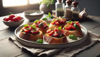 Modern plate of vegan bruschetta with fresh tomatoes, basil, and vegan parmesan on a tidy table, in a refined setting.