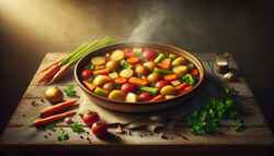 Rustic bowl of vibrant vegan stew with carrots, celery, potatoes, and bell peppers, garnished with parsley on a minimalist wooden table, under cozy lighting.