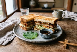 The Shokupan Umami Dip: A Shojin Meditation A gourmet vegan shojin sandwich with crispy mushrooms on an artisan ceramic plate with a side of dark umami dashi sauce.