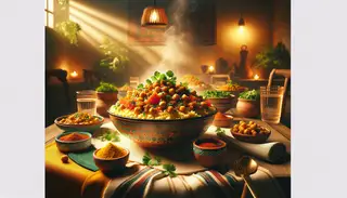 Create a warm and inviting atmosphere with a hyperrealistic image depicting a snug dinner scene. The centerpiece of this scene is a dining table covered with African-inspired vegan cuisine. The table, under soft warm lighting, proudly presents a vibrant plate filled with fluffy, perfectly cooked couscous, topped with a balance of chickpeas and diced tomatoes, capturing your attention. The table setting accentuates the radiant colors of the meal, giving way to the aromatic scents of spices like cumin, paprika, and turmeric engulfing the room. A freshly plucked cilantro garnish adds a dash of green, adding contrast to the dish. This image conveys the feel of an intimate evening, offering a chance to relish in rich, hearty African tastes.