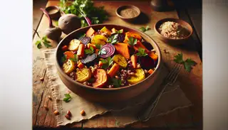 A rustic medley of roasted root vegetables, grains, and parsley on a wooden table, showcasing vibrant colors and textures.