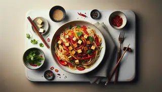 Image of Vegan Szechuan Peppercorn Spaghetti: Features golden tofu cubes, red bell pepper slices, and garnish of cilantro and sesame seeds on a stylish table with chopsticks.