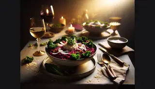 Elegant vegan roasted beet risotto with coconut cream and crispy kale in a refined bowl, highlighted by warm lighting and minimal table setting.