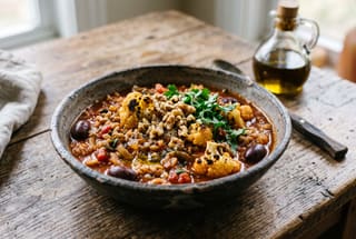 Sun-Drenched Cauliflower and Farro Cacciatore A rustic bowl of chunky roasted cauliflower and farro in a rich tomato sauce, topped with fresh herbs and walnuts on a wooden table.