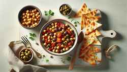 Image of 'Salty Meze Symphony' in a shallow ceramic bowl, featuring chickpeas, sun-dried tomatoes, olives, capers, and parsley, with pita bread on a minimalist table.