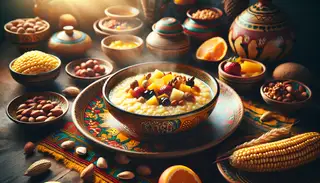 Craft an image of a traditional African breakfast scene, its vibrancy and warmth encapsulated in a maize porridge bowl with a golden hue. The porridge is steaming hot, creamy in texture, with an array of ripe, juicy fruits and crunchy nuts on top, adding layers of natural sweetness and nuttiness. The breakfast table, covered in African inspired tableware, plays with radiant patterns and hues, epitomizing the continent's color palette. The scene is softly lit by the soothing, natural sunlight entering through a nearby window, casting a tranquil glow over the food and creating an inviting atmosphere.