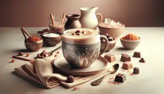 Decadent creamy African-inspired drink on minimalist table setting, inviting and indulgent, perfect for special occasions or cozy evenings.