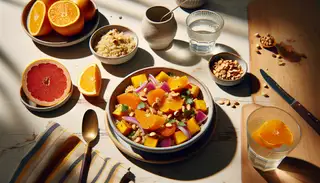 A sunny, minimalist table setting featuring a bowl of millet with roasted sweet potatoes, citrus segments, red onions, cilantro, and peanuts, served with simple ceramic tableware and herbal tea.